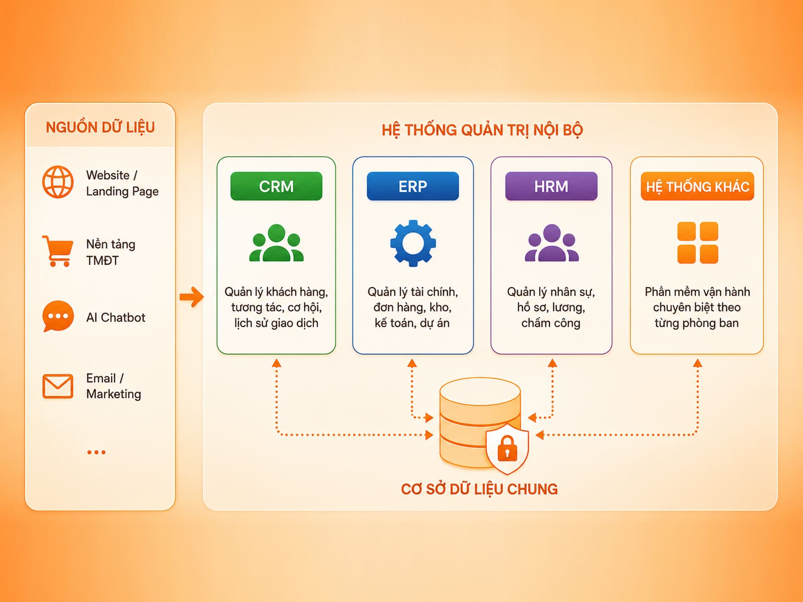 Sau khi dữ liệu được thu thập, phần lớn sẽ được đồng bộ sang các hệ thống quản trị như CRM, ERP, HRM hoặc các phần mềm vận hành chuyên biệt